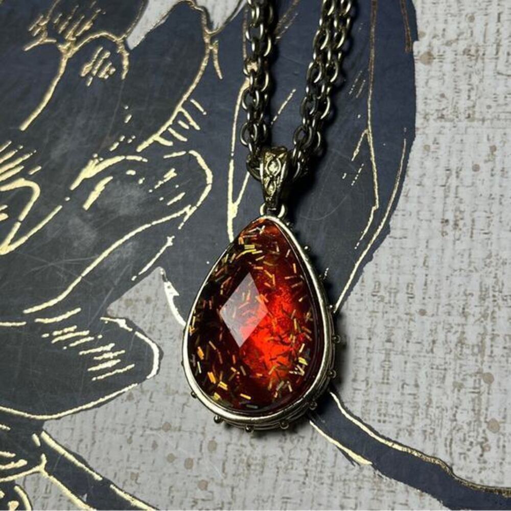 Vintage GEORGE Large Oversized Gold Tone and Amber Confetti Pendant Necklace D2